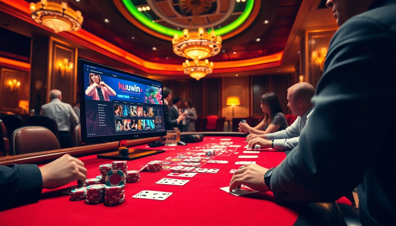 Kuwin online gaming scene with poker chips and players, depicting a thrilling casino atmosphere.