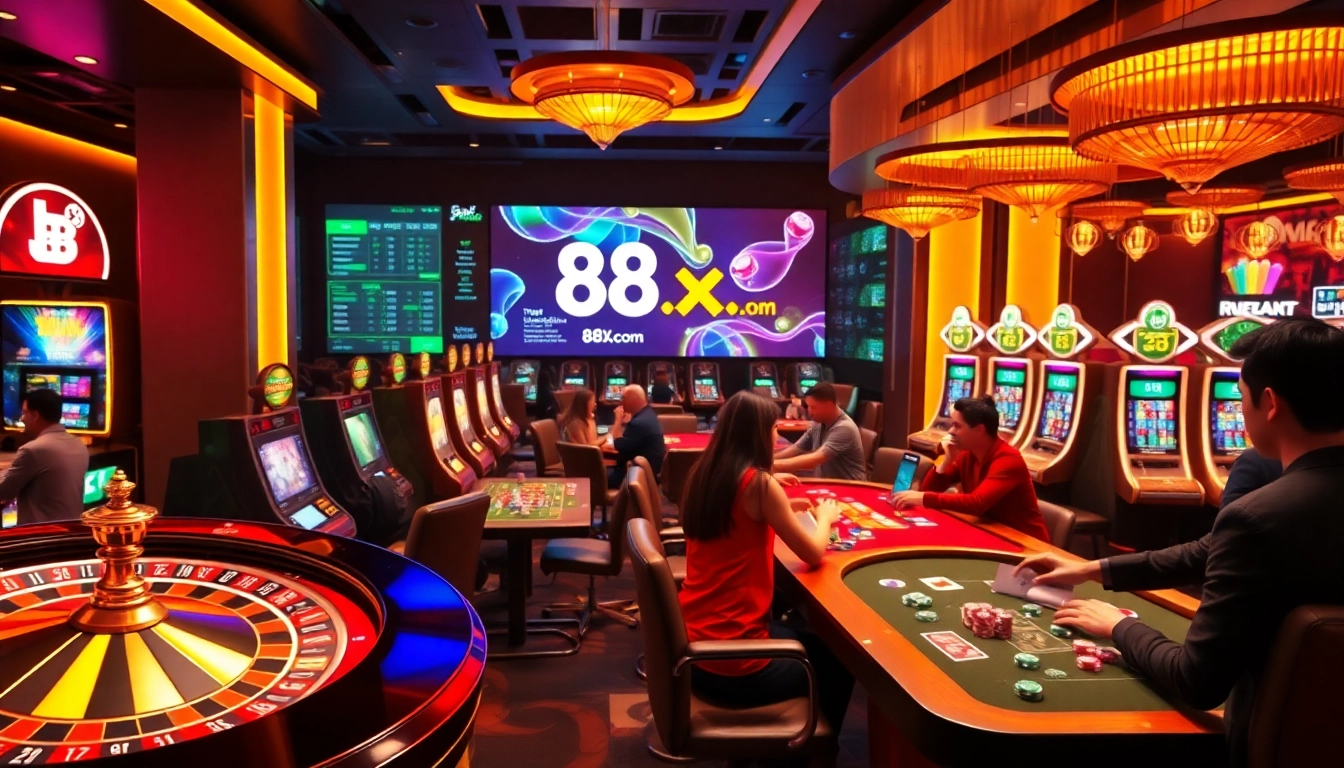 Gamblers enjoying the vibrant atmosphere at 88xx.co.com casino, featuring roulette and slot machines.