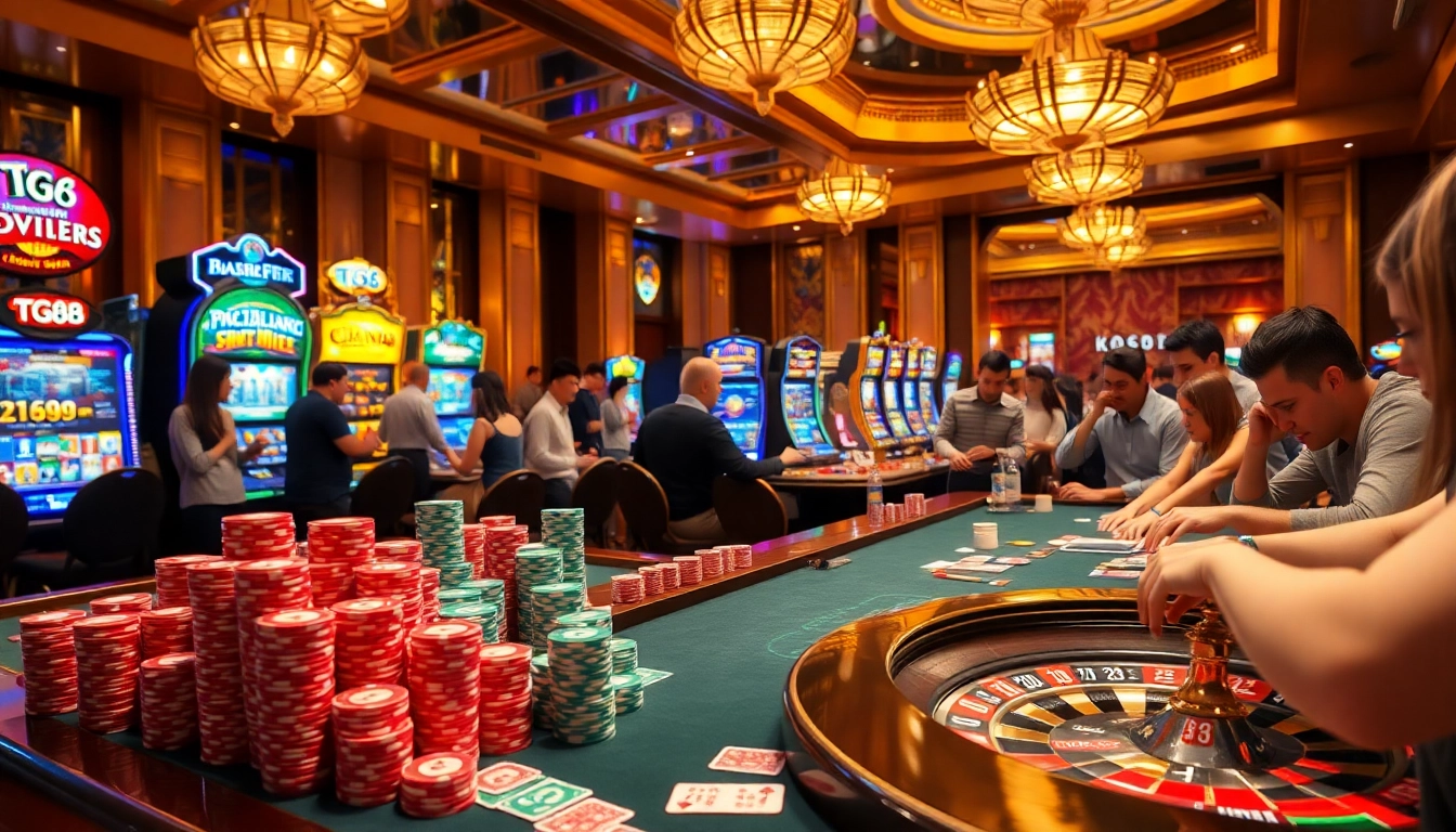 Experience premium gaming with TG88, showcasing vibrant casino tables and exhilarating players.