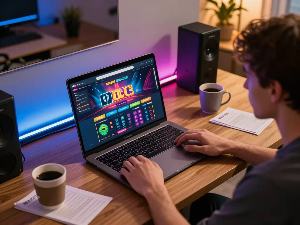 Engaging online gaming scene featuring a player using atq com on a laptop, emphasizing a cozy and strategic gambling environment.