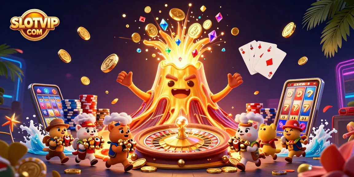 Play exciting casino games with treasures at SLOTVIP COM in this vibrant 3D scene.
