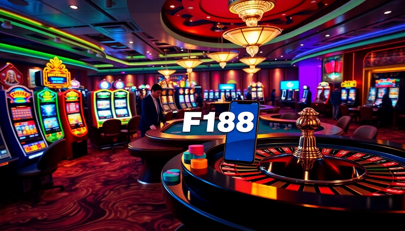 Experience the vibrant excitement of F168's casino floor, showcasing luxury slot machines and thrilling betting action.