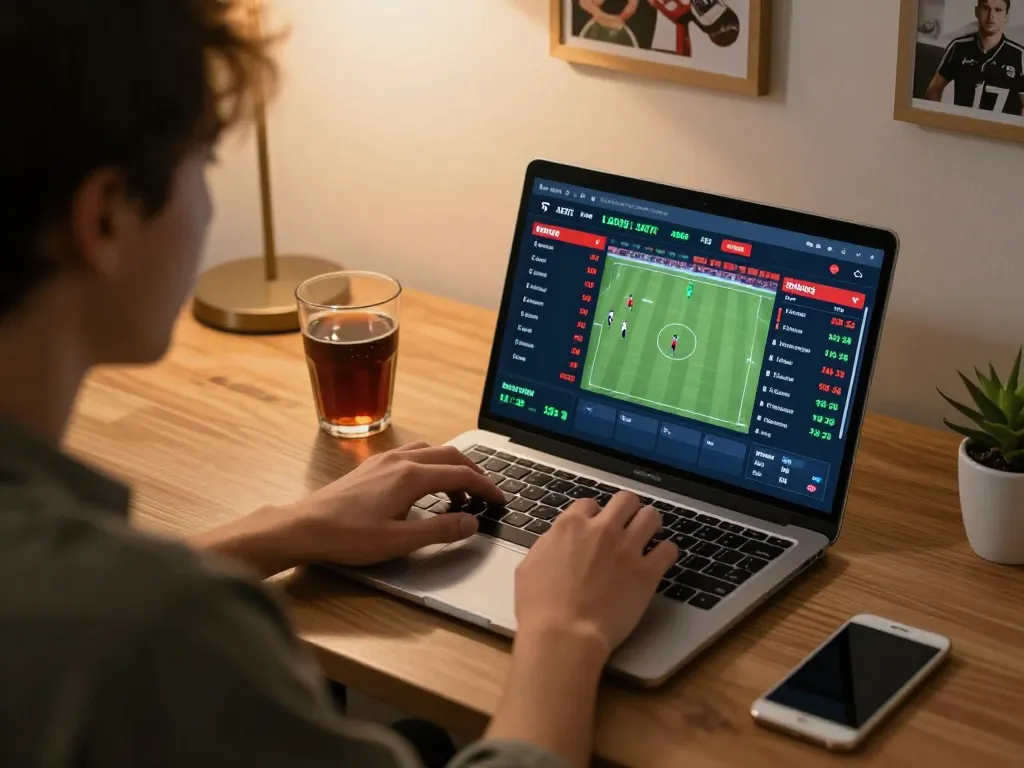 Bet on sports events with NK88 live betting interface on home laptop.