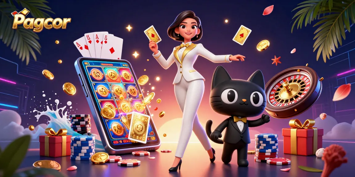 PAGCOR online casino scene with a glamorous woman and her cat, shuffling cards amid dynamic gambling action.