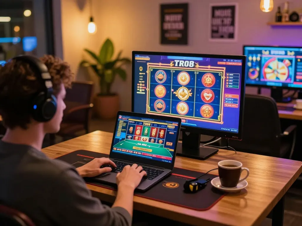 Engaging user gaming TR88 on laptop in a cozy home setup for online gambling