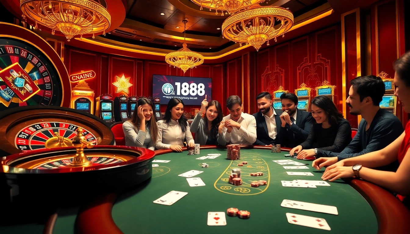 Players enjoying a dynamic casino experience at https://n188.bid/, featuring roulette, poker, and slot machines.