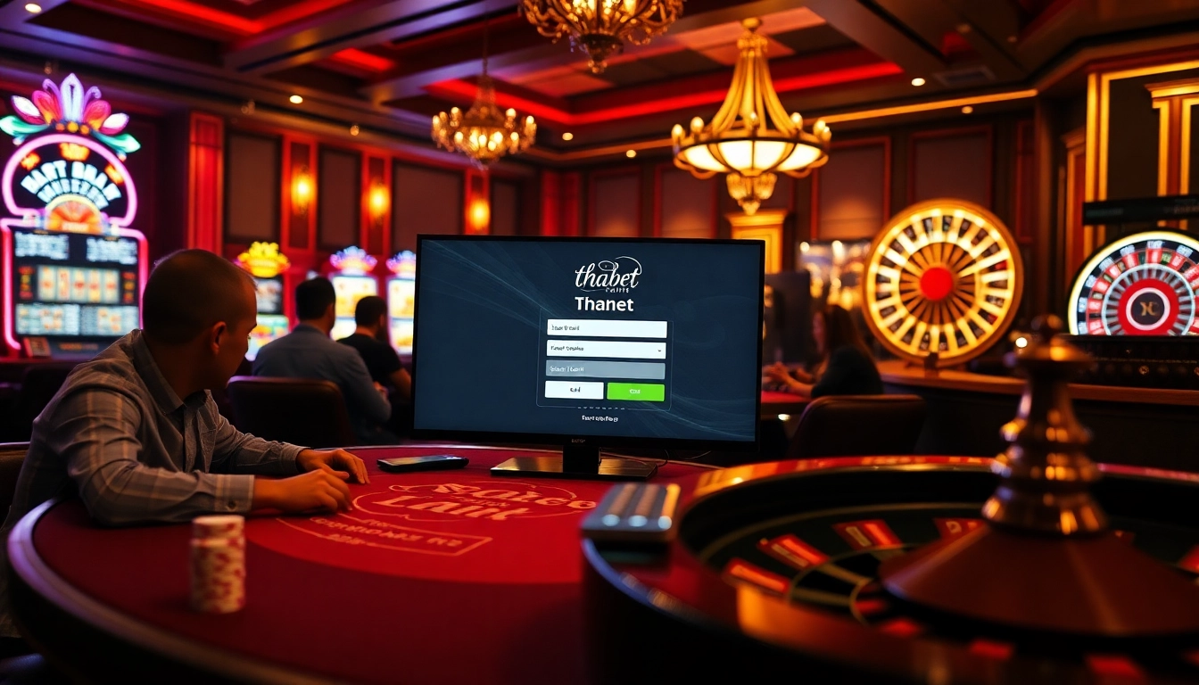 Experience the thrill of online gaming with 'thabet đăng nhập' displayed on a vibrant casino scene.