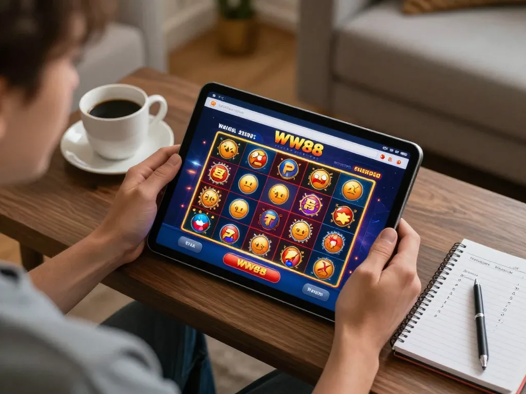 Player using the WW88 app for online casino gaming in a cozy home setting