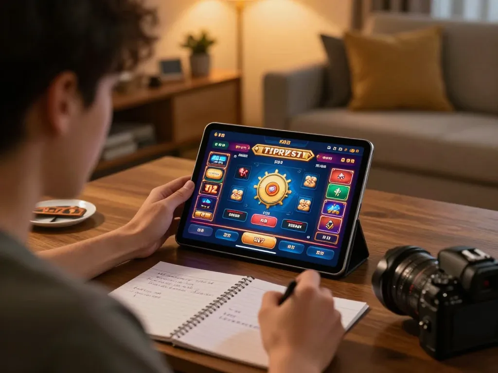 Player engaging with the 32win online casino app on tablet, surrounded by betting notes in cozy home.
