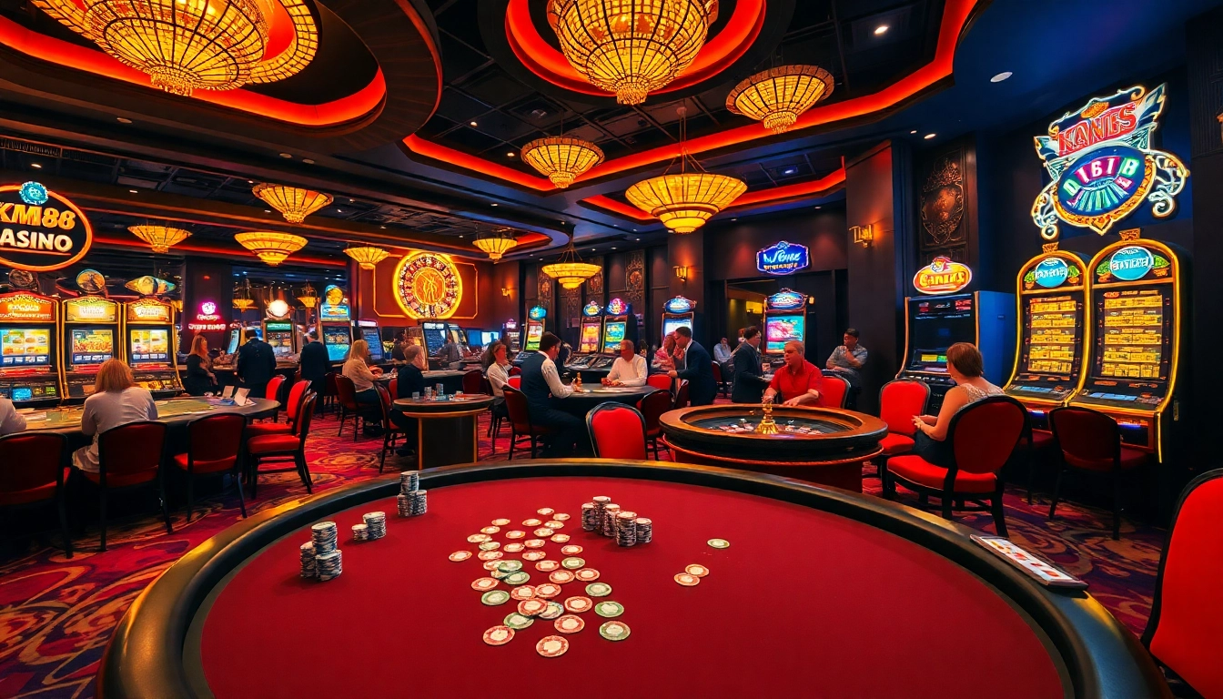 Engaged players enjoying the luxurious KM88 casino atmosphere with poker, roulette, and slot games.