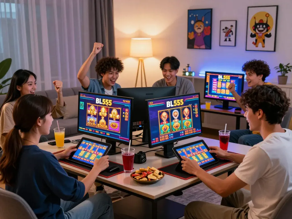 Dynamic online gaming experience at BL555 with diverse players enjoying slot games in a modern home setting.