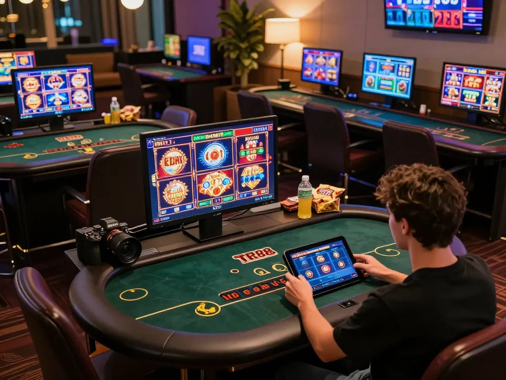 Engaging in TR88 live dealer games on a tablet in a stylish online casino setup, showcasing strategic gameplay.