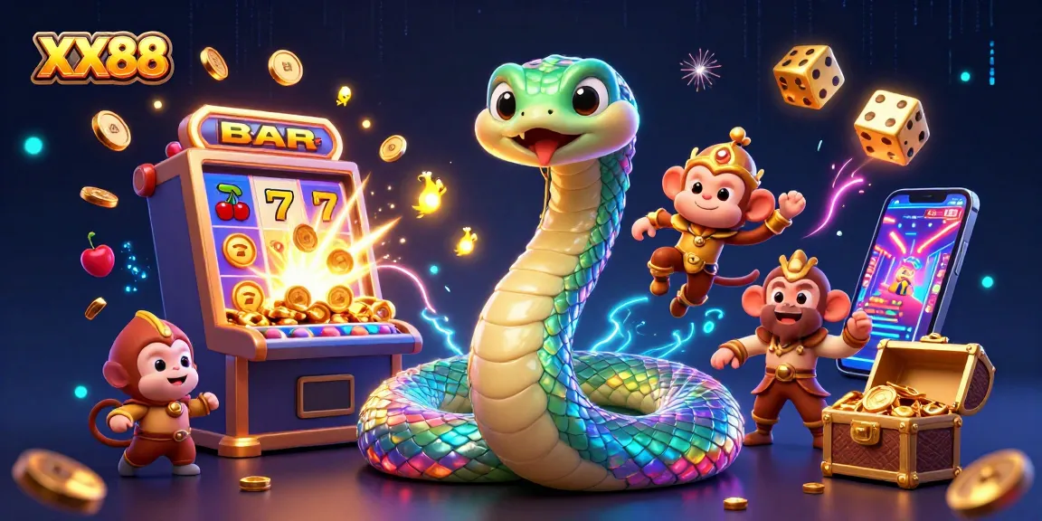 Experience the excitement of XX88 with vibrant slot machines and fantasy characters in a dynamic casino scene.