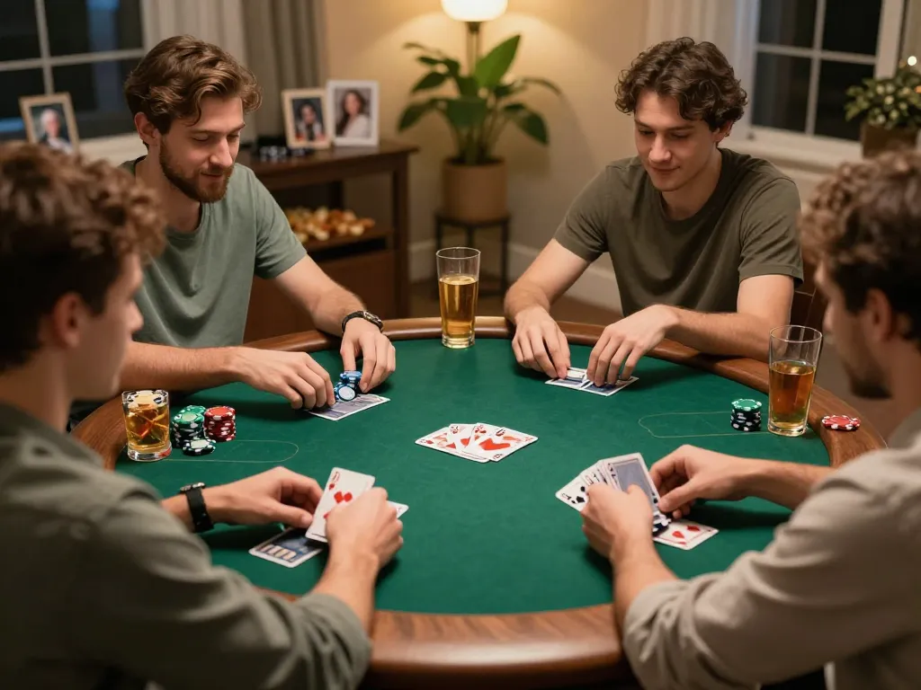 Friends enjoying a home poker game night, highlighting 555win strategies for social gaming.