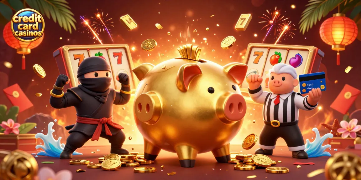 Experience thrilling gameplay at credit card casinos with a vibrant, action-packed 3D illustration.