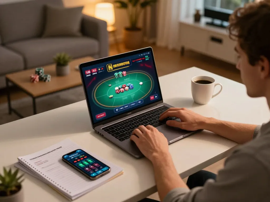 Person engaging in online casino gameplay on https://ck444s.net/ using laptop and smartphone in cozy home setting.