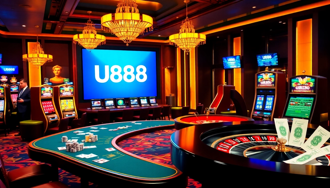 Experience thrilling U888 gaming with vibrant casino tables and festive slot machines.