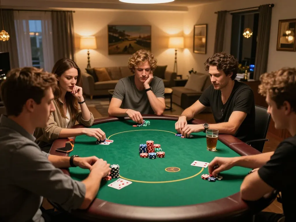 Friends engaging in a lively poker game at home, portraying a responsible gambling experience with Nk88 excitement.