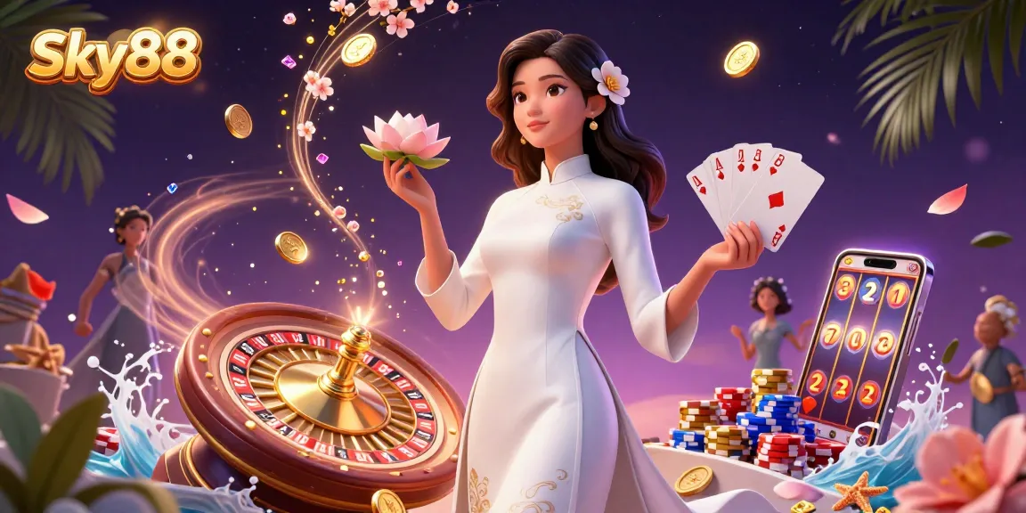 Experience thrilling moments with Sky88 at a vibrant casino, featuring elegant gaming elements and an enchanting scene.