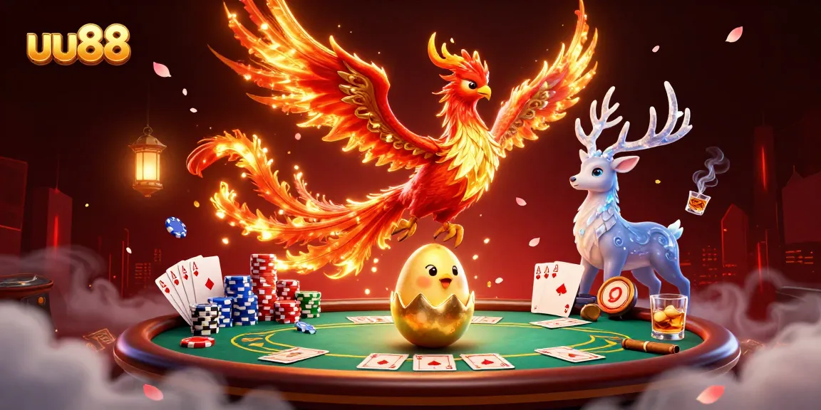 Join the game at uu88, where a blazing phoenix and vibrant poker elements create an engaging casino scene.
