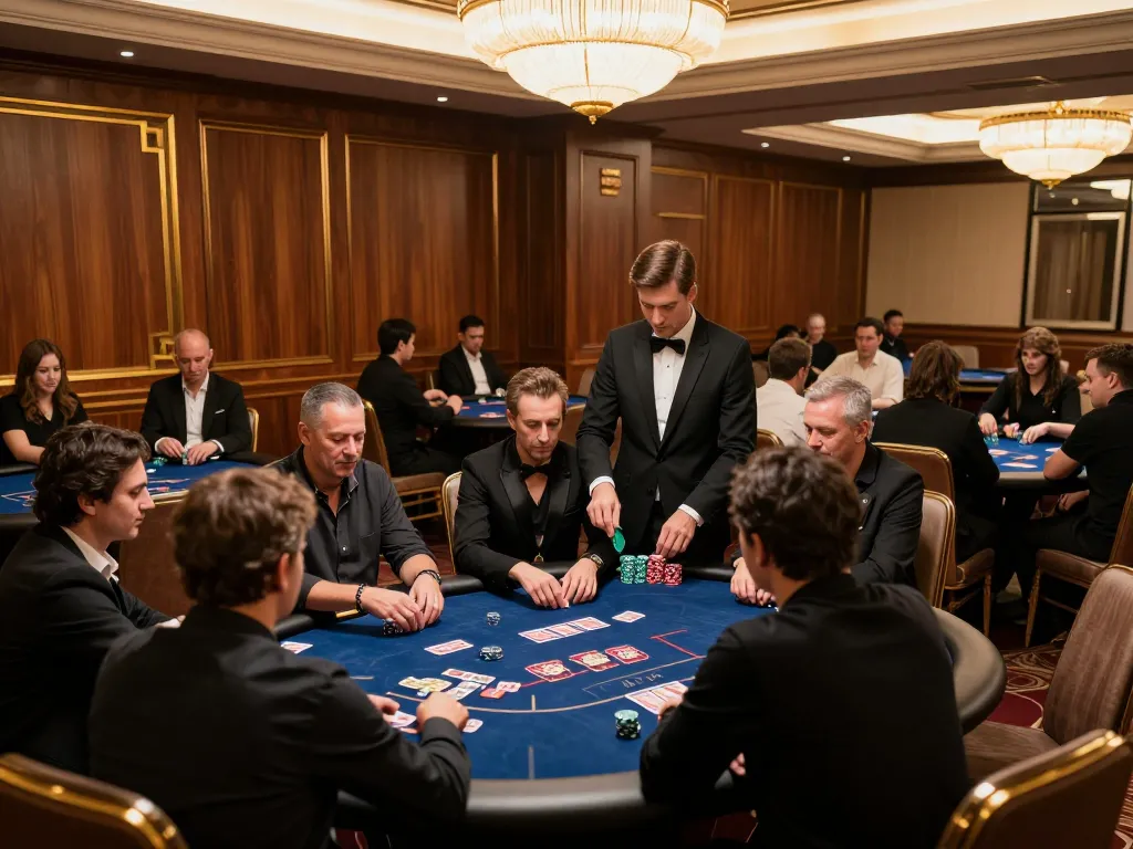 23WIN players engaging in high-stakes poker strategy at an upscale casino table, chips and cards visible.