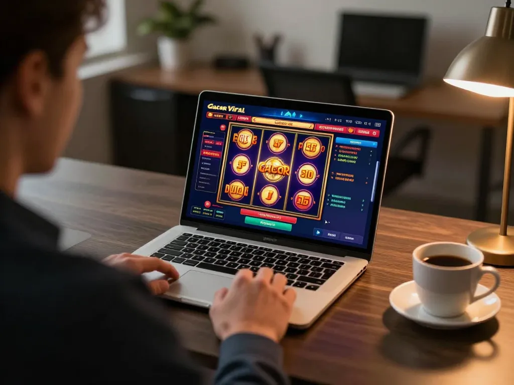 Engaged player exploring slot gacor viral games on laptop in an inviting home office.