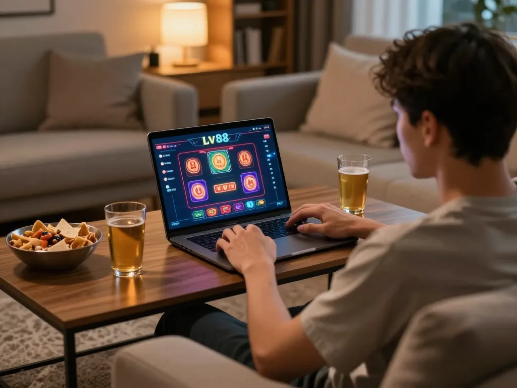 Enjoying online casino games at lv88 from the comfort of home with snacks and drinks
