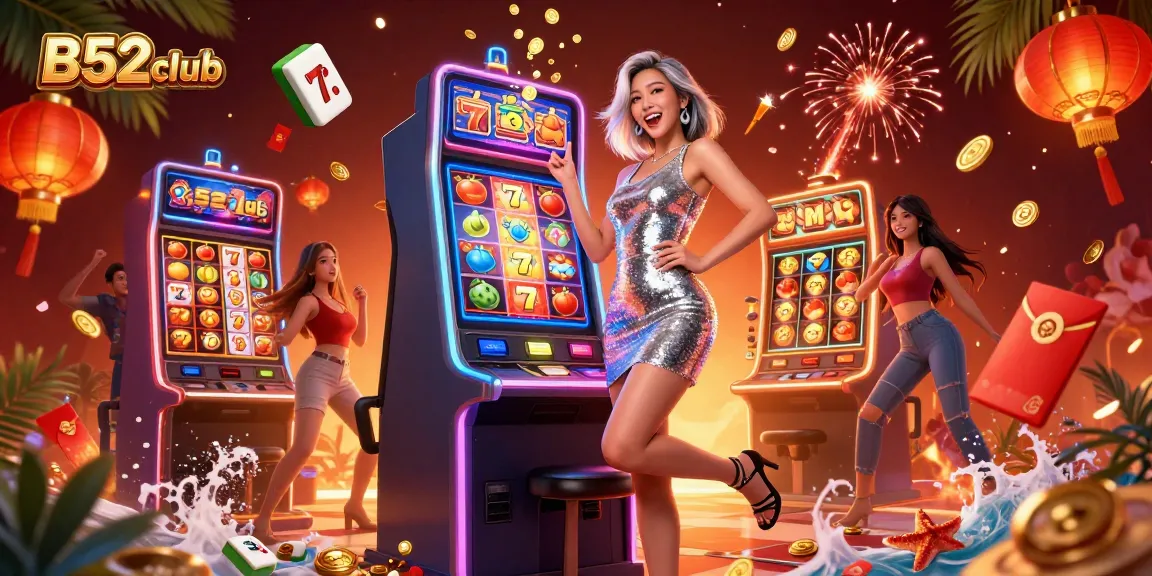 B52club offers exciting jackpots with a glamorous Asian woman celebrating near a winning slot machine.