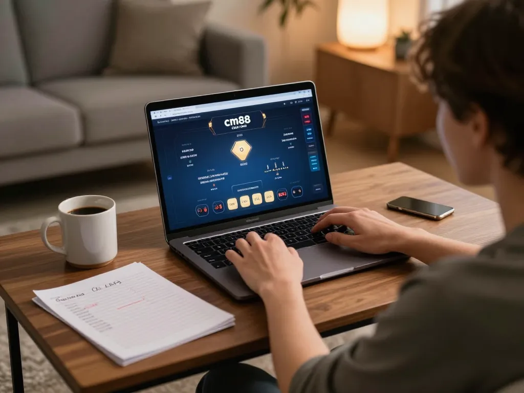 Engaging gameplay on cm88 com with poker interface at home, showcasing responsible gambling