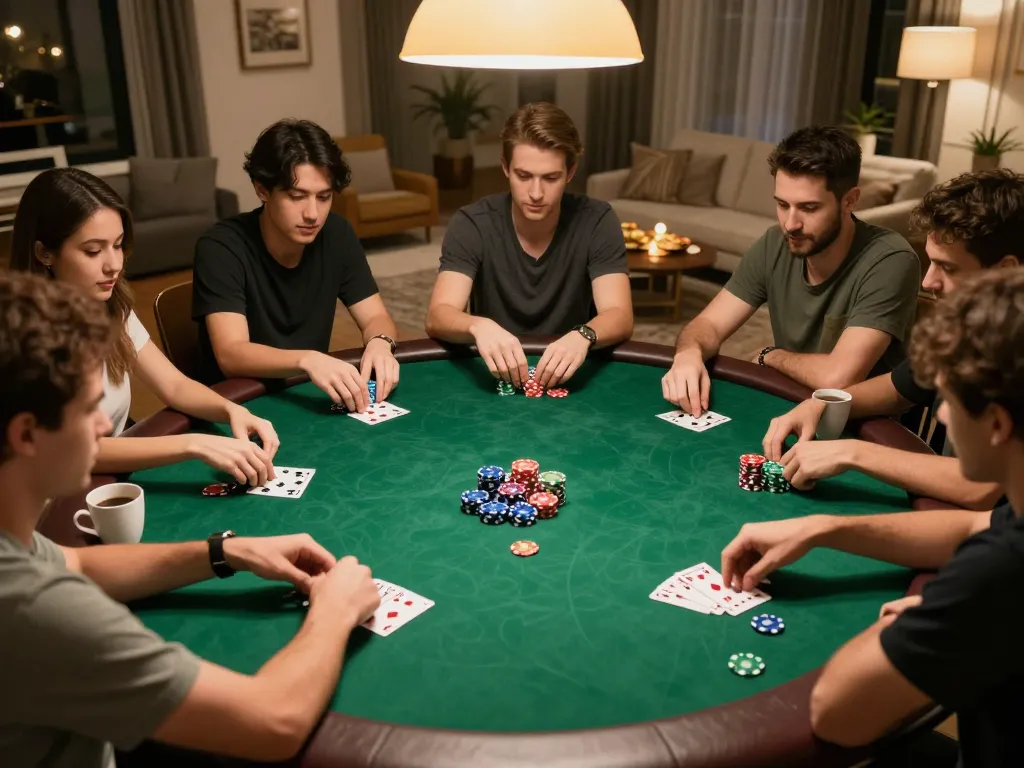 Players strategizing their moves in a home poker game with nhà cái 79king as a backdrop.