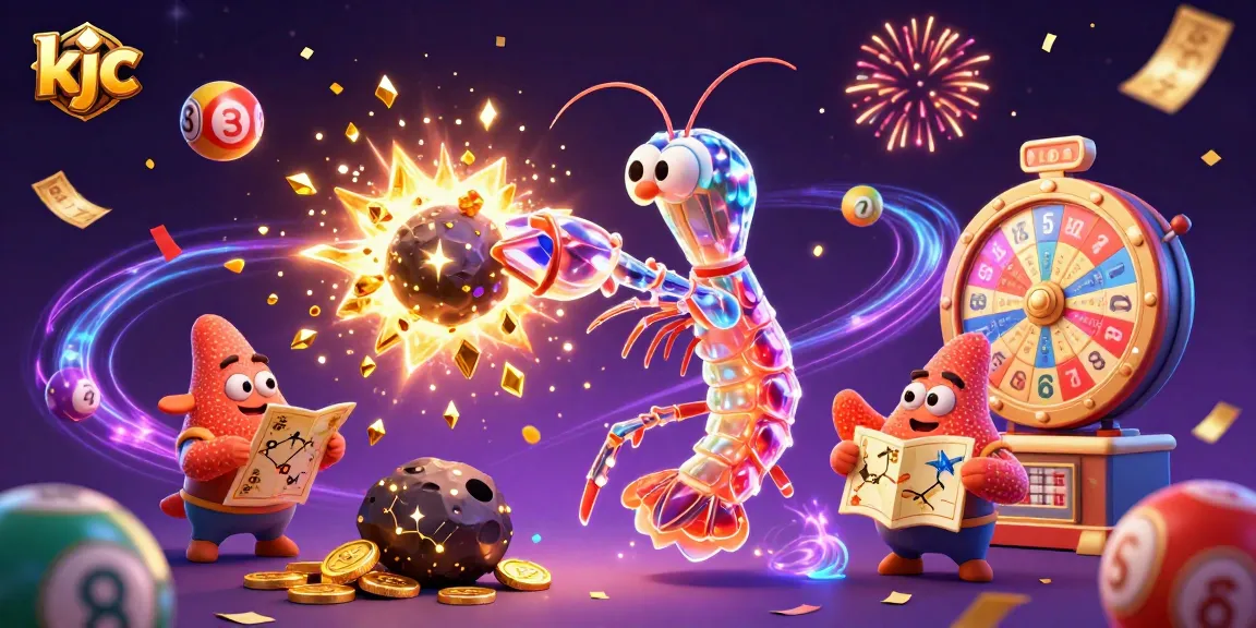 Engage with exciting KJC lottery action, as a shrimp warrior battles for golden prizes amidst vibrant gaming elements.