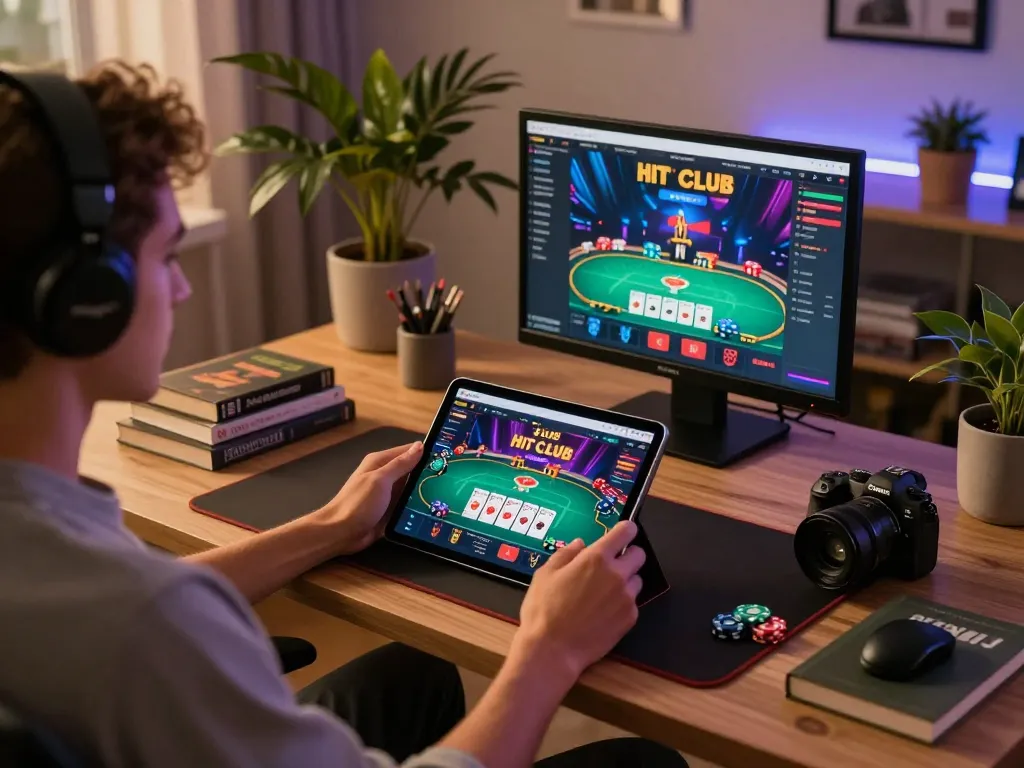 Player enjoying HIT CLUB gaming interface on tablet, showcasing strategic online gambling.