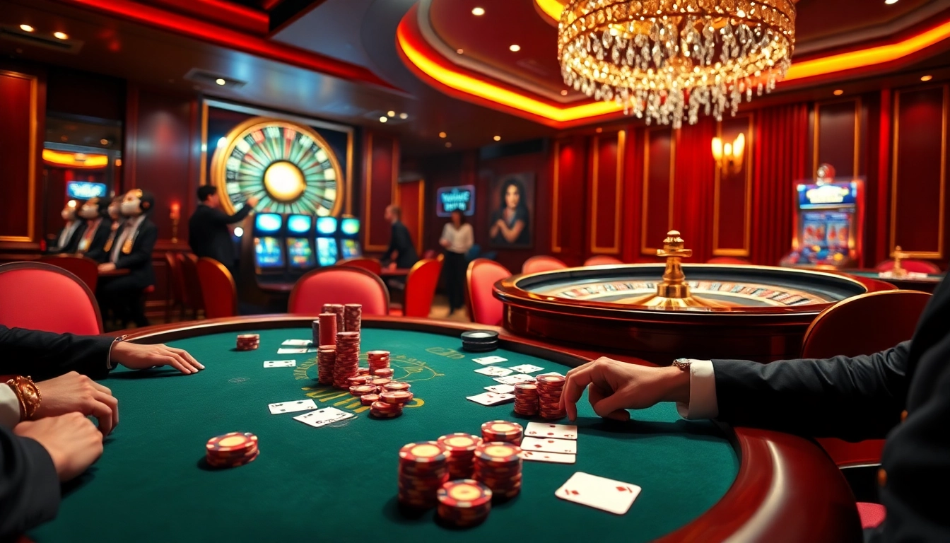 Engaged players at a luxurious poker table experience excitement with Vaobet in a vibrant casino setting.