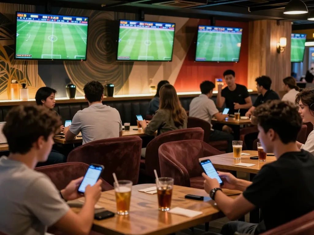 Engaged fans placing bets at brewteams in a vibrant sports betting lounge during live matches