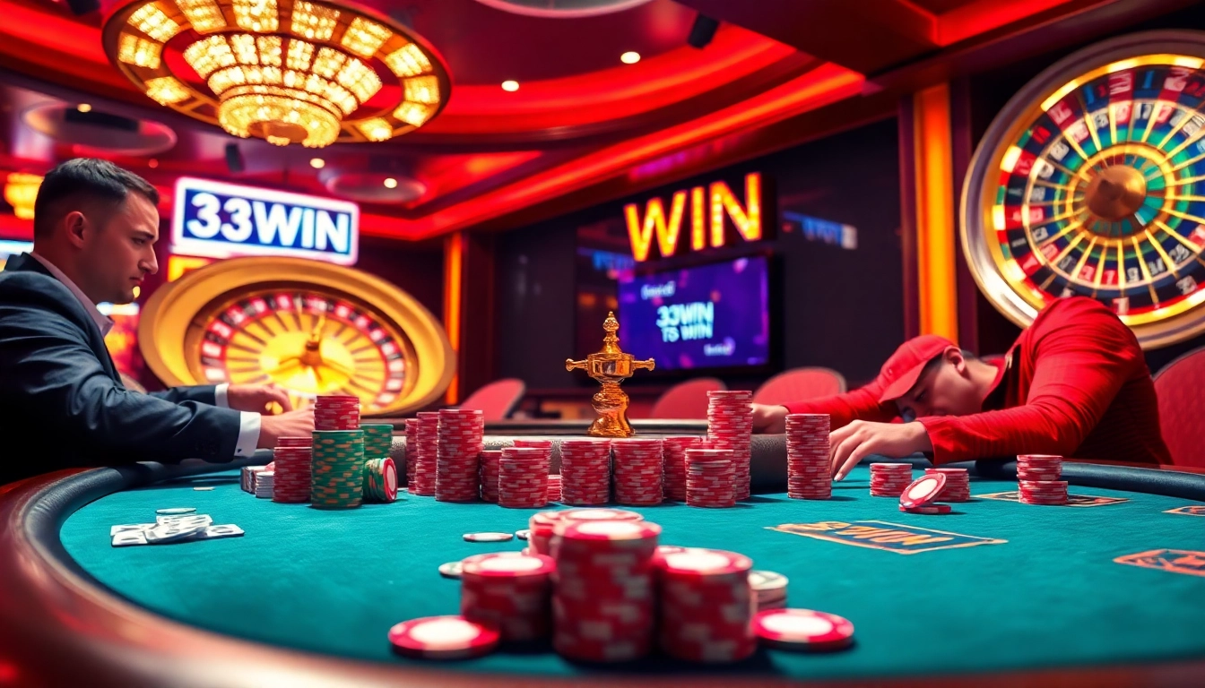 Players celebrating a win at 33WIN poker table in a luxurious casino setting.