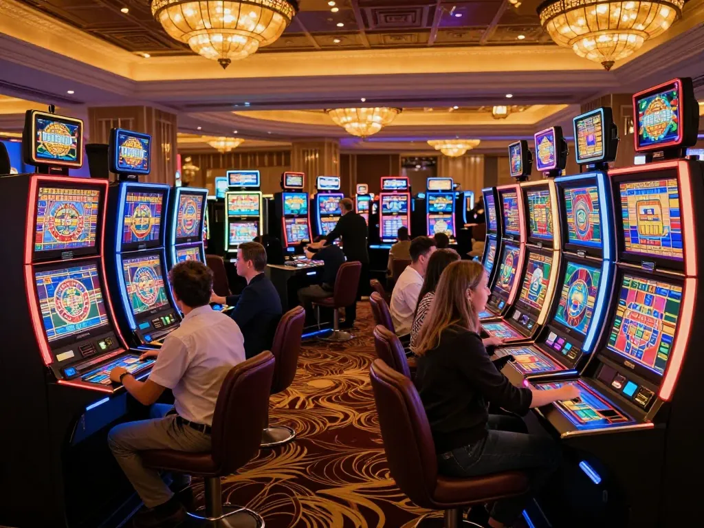 Experience the thrill at bl555 with players engaging around vibrant slot machines in a luxurious casino