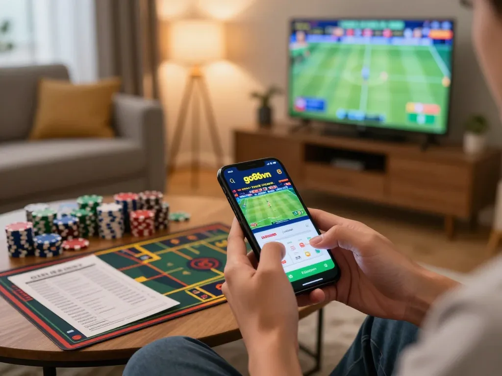 Engaging in dynamic betting on the go86vn app in a cozy home setting, showcasing strategic gaming.