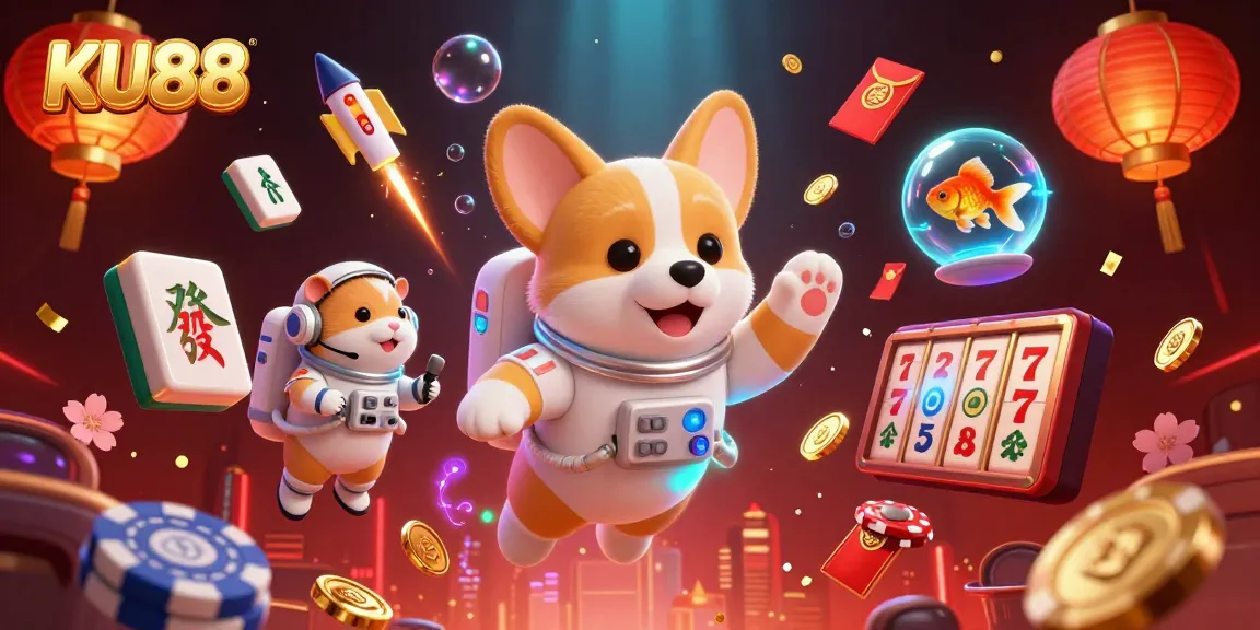 Experience thrilling moments at KU88 with a 3D floating casino scene filled with vibrant elements.