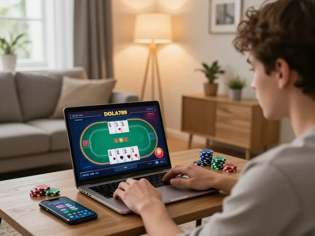 DOLA789 player enjoying a poker game on a laptop in a cozy living room setting.