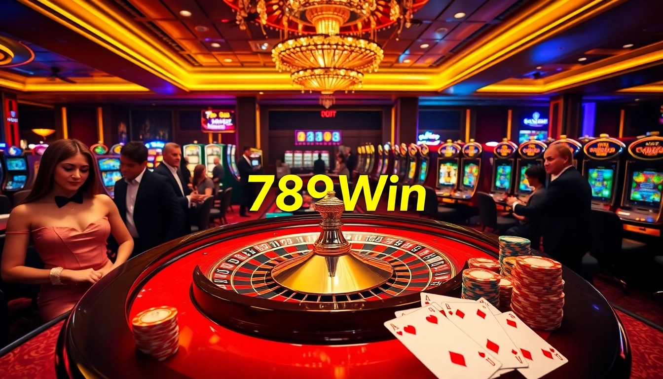 High-stakes gambling atmosphere at 789Win with roulette wheel and poker chips.