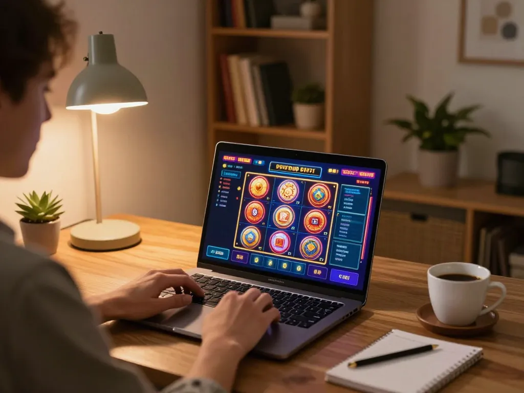 Engaging gameplay at fly88 com through a relaxed home setup with colorful slot machines on screen.