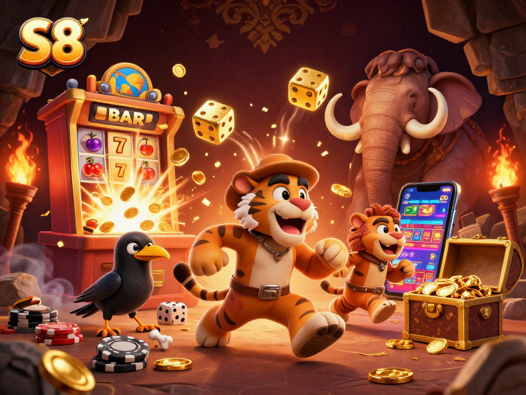 S8 ignites excitement with a prehistoric casino scene featuring winning adventures and jackpot action.