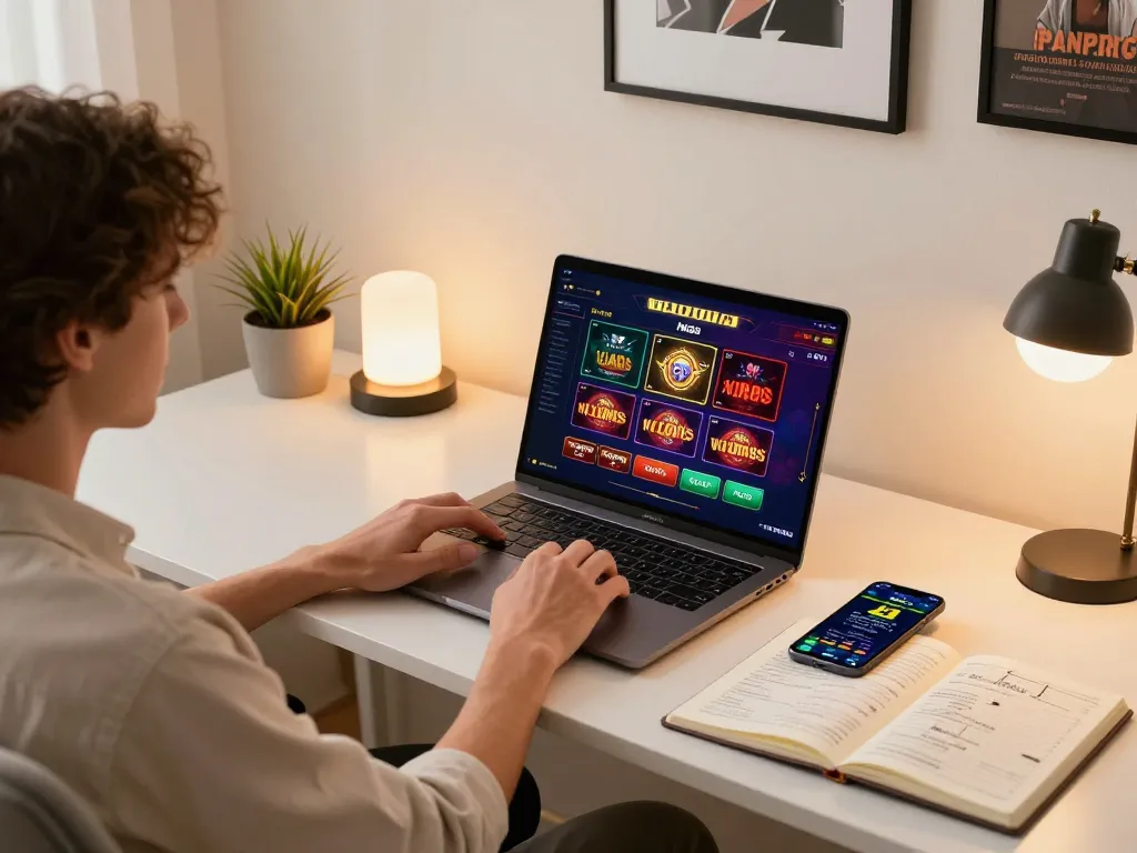 Engaged player using the NK88 online casino interface on a modern desk setup for strategic gameplay.
