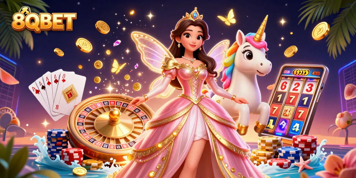 Experience the rich world of 8QBET with a glamorous casino-themed illustration featuring exciting games and winning elements.