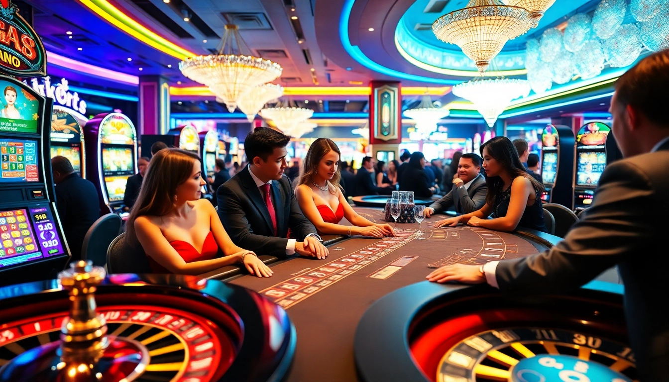 Exciting casino atmosphere featuring Go8 gaming, players in action with colorful slot machines.