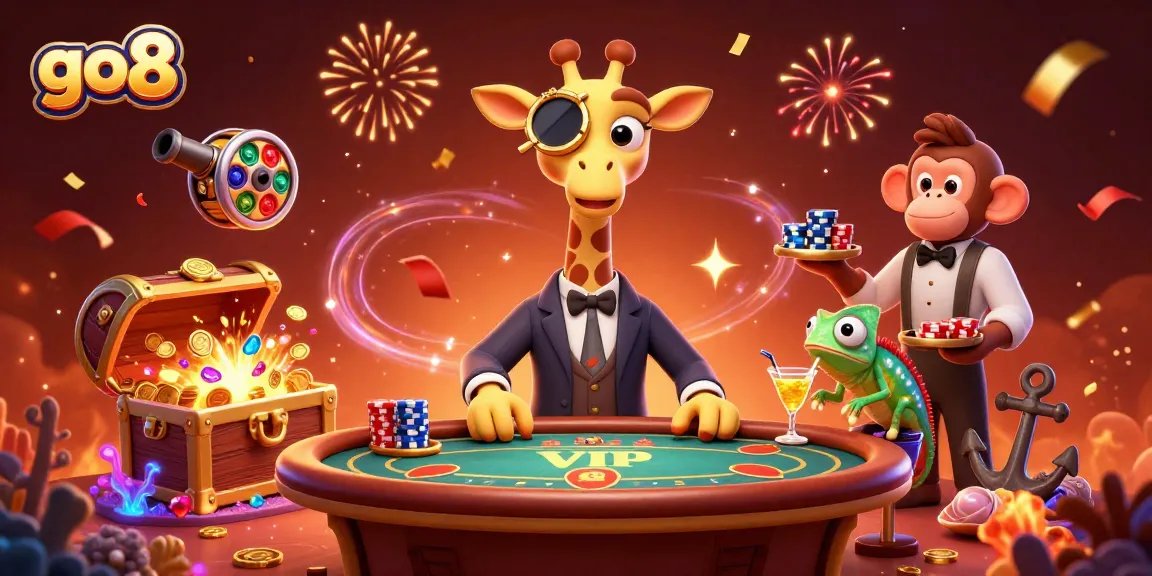 Engage in thrilling gaming adventures at go8 with a vibrant scene of a high-roller giraffe and friends.