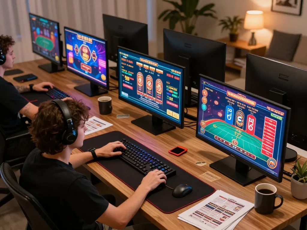 Player engaging in online gambling at home with Jun88 on multiple screens