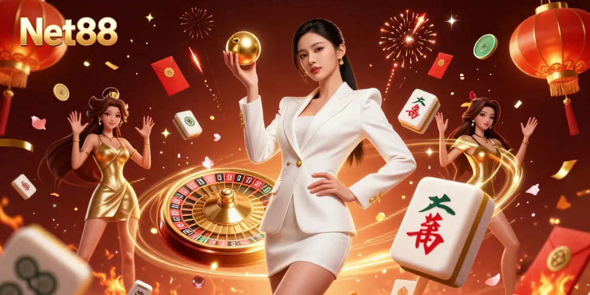 Win at Net88 with engaging visuals of a confident Asian dealer in a luxurious casino setting.