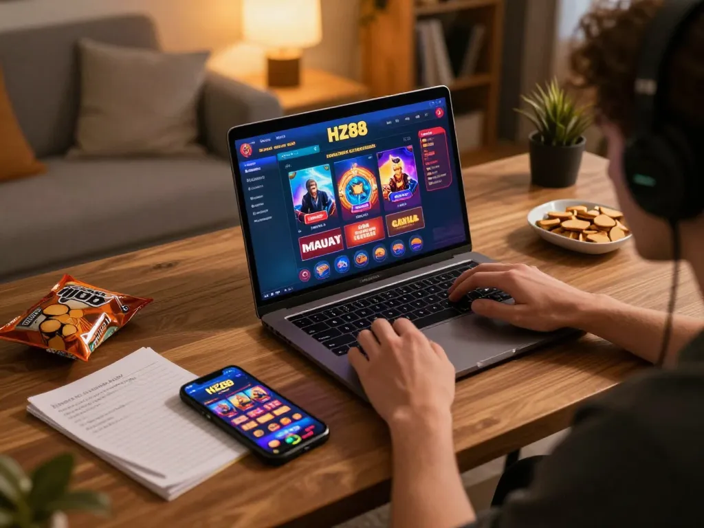 Player engaged in online gaming at HZ88, showcasing strategic gameplay at home.