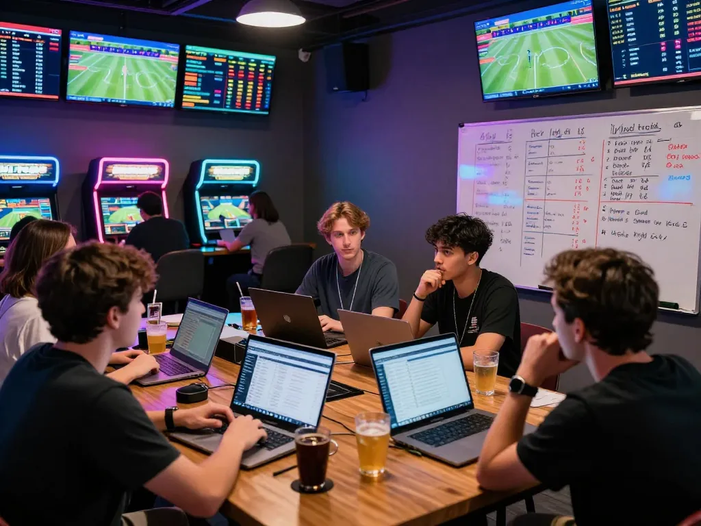 Engaged bettors analyzing tỷ lệ kèo bóng đá in a vibrant gaming lounge, showcasing strategic insights.